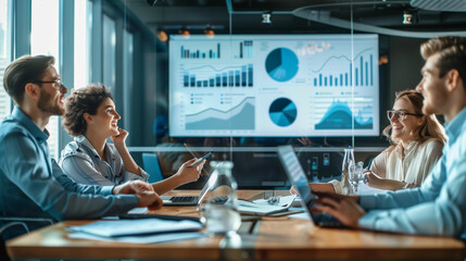 Collaborative team meeting focusing on data analysis and project strategy in a modern office environment during the afternoon