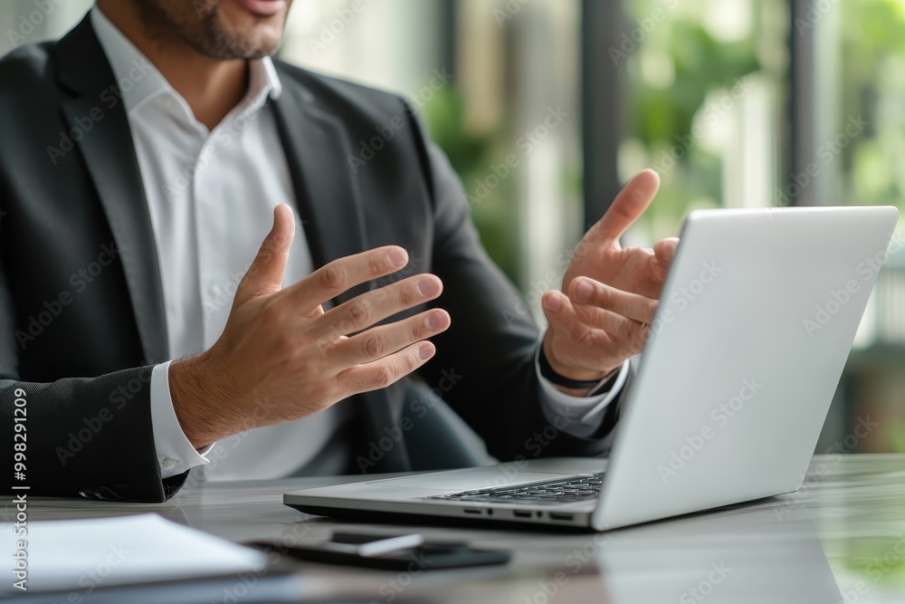 Poster a man in a suit gestures while discussing over a laptop in a professional setting.