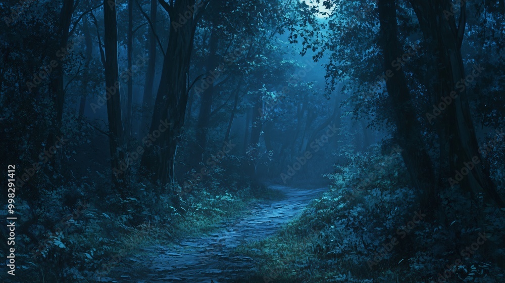 Poster a mysterious forest path with tall trees and a stone path, shrouded in mist and moonlight.