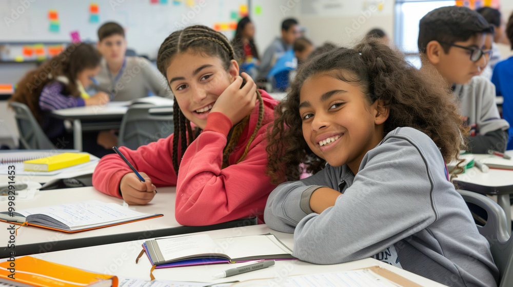 Poster smiling students engage in collaborative learning at their colorful classroom in a vibrant school se