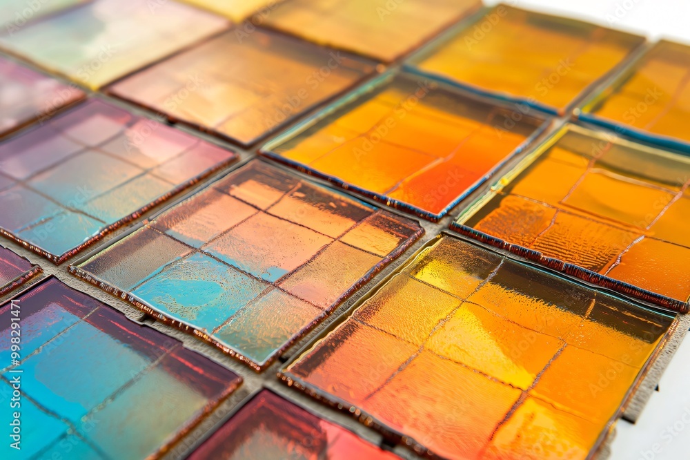 Poster shiny, colorful mosaic tiles forming an abstract pattern, ideal for backgrounds and design projects