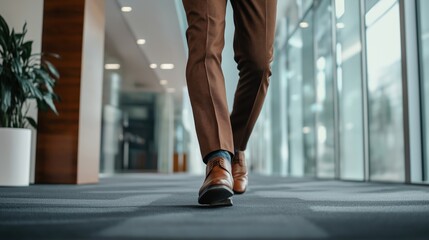 Feet of a businessman rushing in office corridor or open space because he is late to a meeting , man wearing brown suit show walking in modern office building. Businessman walking in the office.