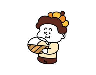 illustration of a boy wearing a pumpkin hat and carrying a basket. take part in events and wear costumes to celebrate Halloween. expression and gesture. cute character design in outline style. element