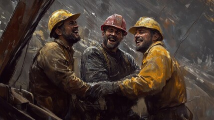 Fototapeta premium Three Construction Workers Laughing Together in Hard Hats