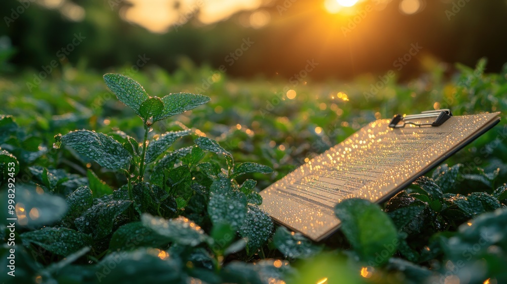 Sticker A clipboard lies on lush green leaves in a field bathed in the golden glow of the setting sun.