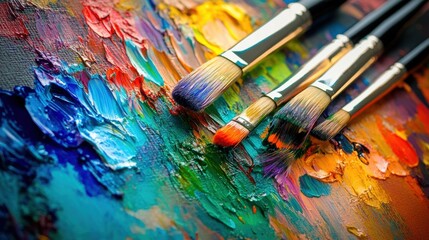 Obraz premium Bright paint splashes and brushstrokes come together as artists explore their creativity on a vibrant canvas in a studio. Generative AI