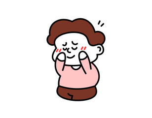illustration of a boy looking shy. shy man. red cheeks because of being amazed and blushing. Embarrassed expression and gesture. cute character design outline style. element