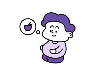 illustration of a boy looking happy because his stomach is full. man who is full. bloated stomach because of eating too much. expression and gesture. cute character design outline style. element