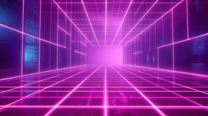 Futuristic neon grid with glowing purple and pink lines, evoking a retro-cyber aesthetic.