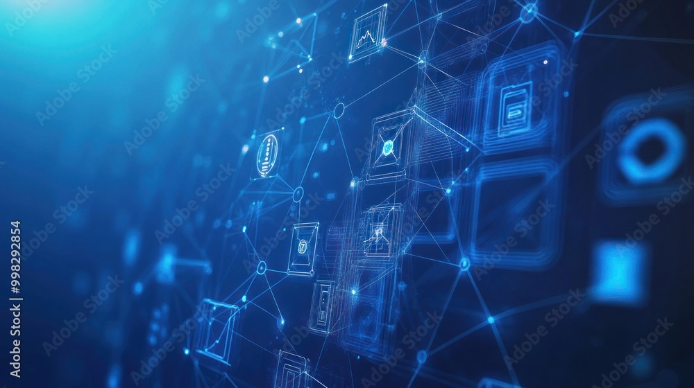 Poster abstract digital network background with glowing icons and lines