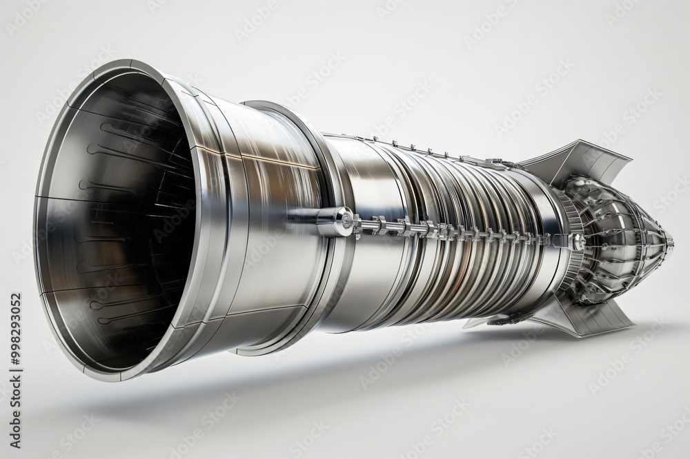 Poster sleek rocket engine nozzle on white background symbolizes advanced technology and space exploration.