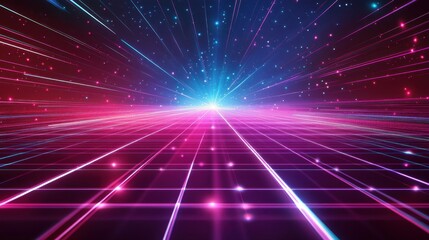 Neon grid background with bright, glowing lines converging into a distant vanishing point, evoking the 80s.
