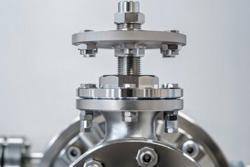 Shiny new industrial valve with a threaded stem connecting two flanges is ready for installation