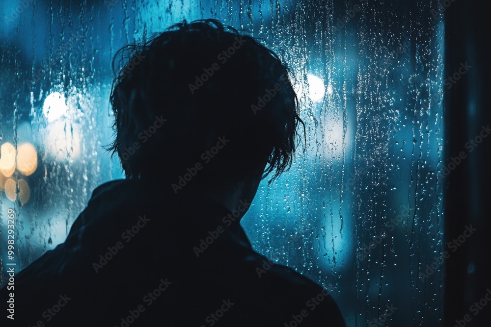 Poster a lone individual stands by a rain-covered window, lost in thought as drops trickle down, capturing 