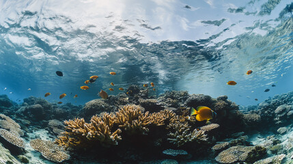 Vibrant Coral Reef Ecosystem: Tropical Fish Swimming in Crystal Clear Waters