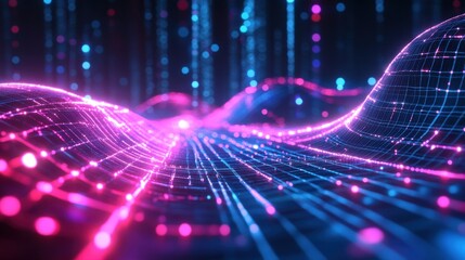 Neon gridlines forming a digital landscape with vivid pink and blue light, creating a cyber-futuristic feel.