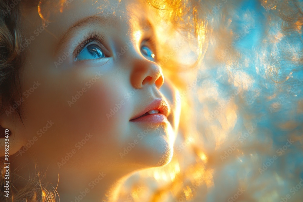 Canvas Prints Close-up portrait of a little girl with curly blonde hair looking up with wonder and innocence, bathed in soft, warm light.