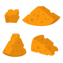 A set of various triangular slices of yellow cheese with holes. A flat illustration of cheeses in different positions, isolated slices, a modern vector collection of pieces of dairy products.