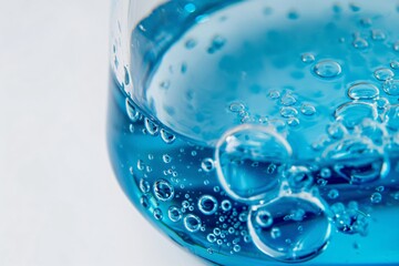 Close up view of a laboratory glass beaker filled with a blue liquid and containing many bubbles