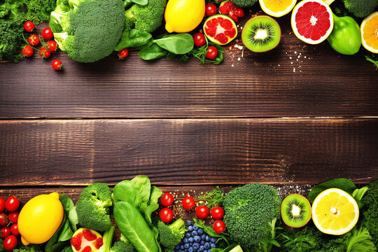 Raw vegetables, fruits and spices on a black wooden surface.