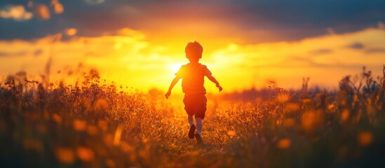 Obraz premium Silhouette of a child running towards the setting sun in a field of tall grass.