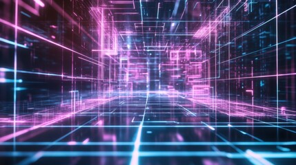 Fototapeta premium Bright neon gridlines form a digital landscape, glowing with electric pink and blue lights.