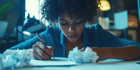 Uninterrupted Thoughts: A person lost in thought, scribbling notes on a crumpled piece of paper.