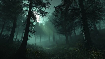 Fototapeta premium A mysterious path through a dense forest with fog and moonlight.
