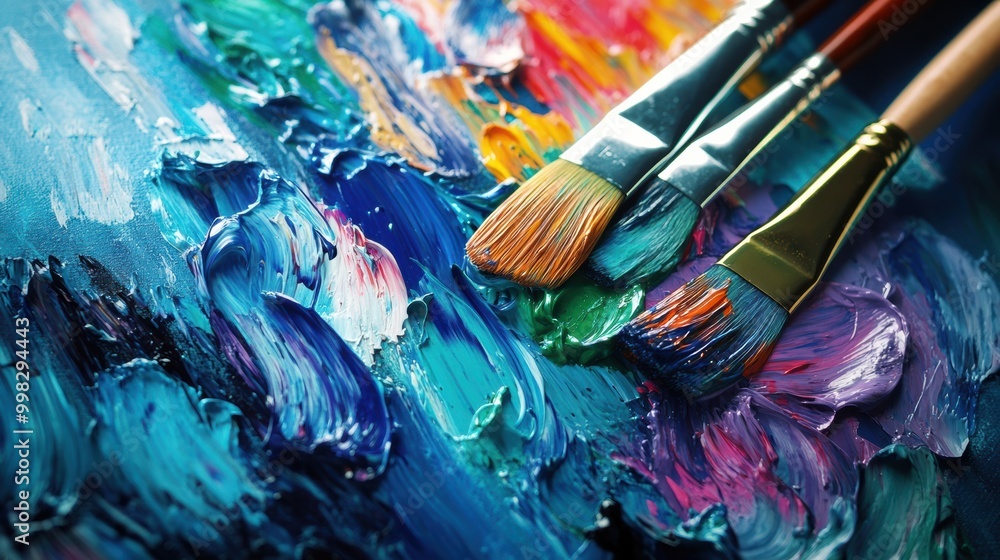 Poster bright splashes of color from a paint palette complement artistic brushstrokes on a canvas during an