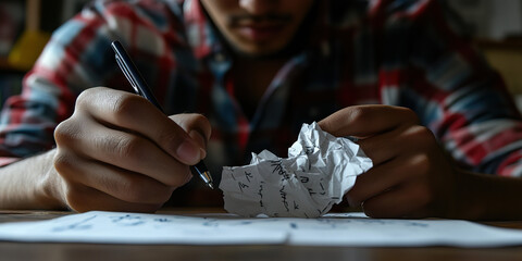 Uninterrupted Thoughts: A person lost in thought, scribbling notes on a crumpled piece of paper.