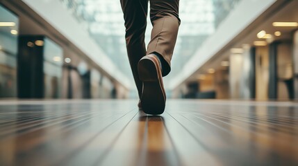 Feet of a businessman rushing in office corridor or open space because he is late to a meeting , man wearing brown suit show walking in modern office building. Businessman walking in the office.