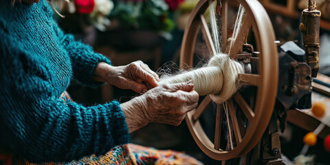 Enduring Skill: A skilled artisan using a spinning wheel to create yarn from raw fiber.
