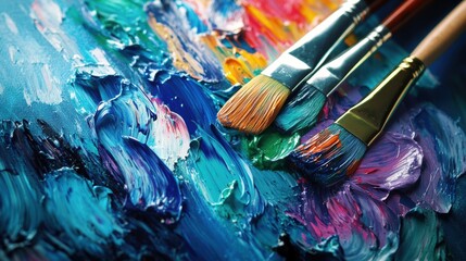 Obraz premium Bright splashes of color from a paint palette complement artistic brushstrokes on a canvas during an engaging creative activity. Generative AI