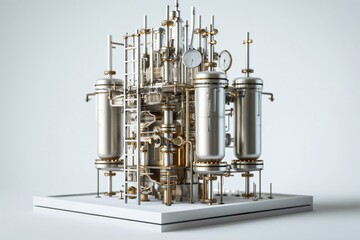 Complex and intricate chemical distillation column standing on a white platform, showcasing its industrial design and engineering