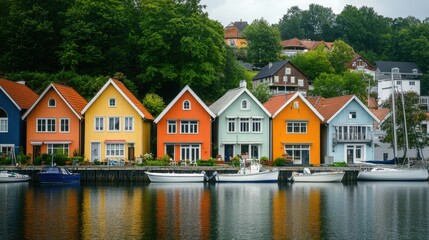 A row of colorful houses in a seaside village, with boats docked in the calm waters of the harbor.