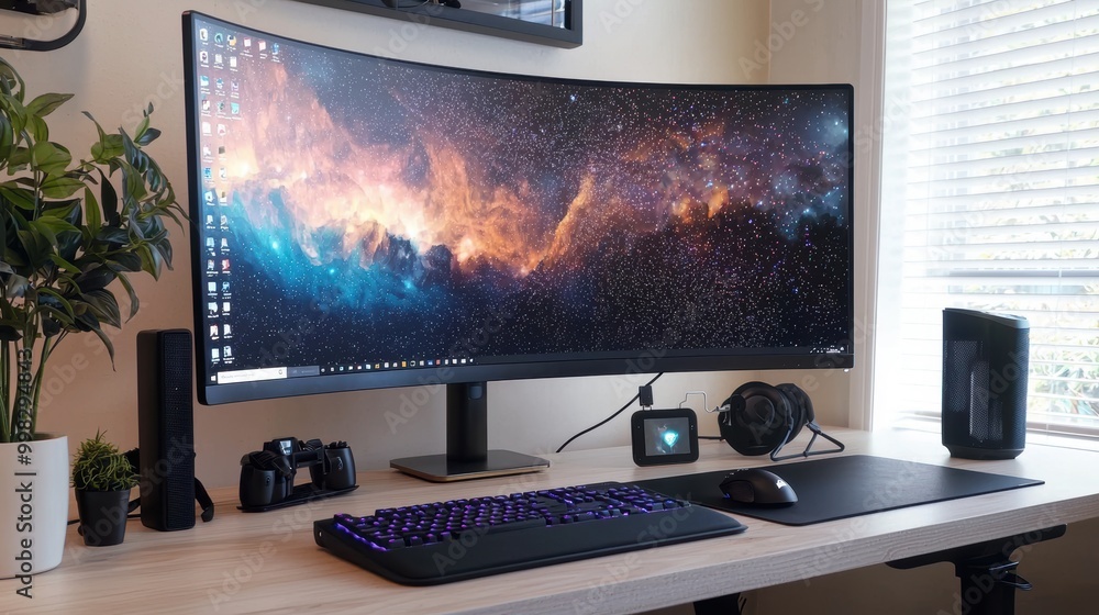 Poster modern desk setup with large curved monitor
