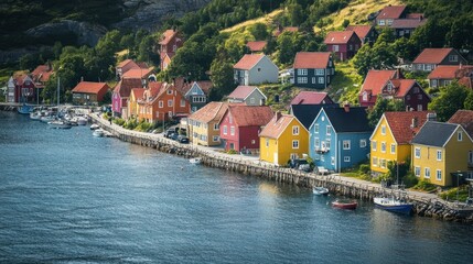 Fototapeta premium A vibrant coastal town with rows of colorful houses, overlooking a sparkling sea and a lively harbor.