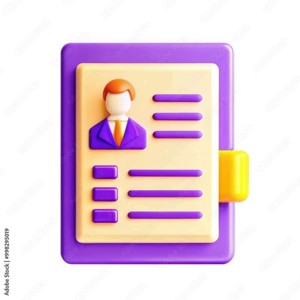 Poster a colorful 3d rendered profile card featuring a human icon in a suit and various profile details, em