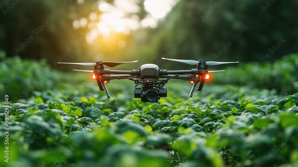 Sticker A drone flies over a field of green plants at sunset.