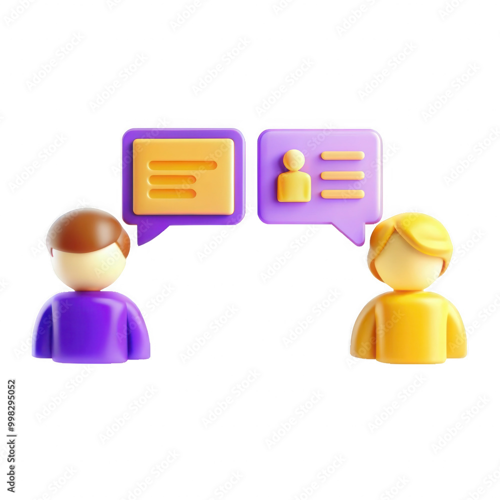 Poster a 3d illustration depicting two stylized figures in conversation, with speech balloons displaying te