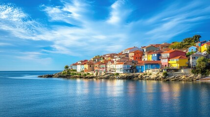 Fototapeta premium A vibrant seaside village with colorful houses lining the coast, against a bright blue sky and calm sea.