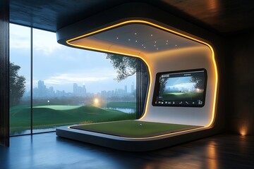Futuristic indoor golf sumulator. A modern interior with a golf field