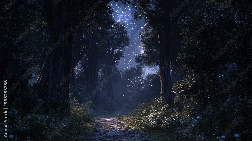Poster a mysterious path winds through a dark forest, illuminated by a starry sky.