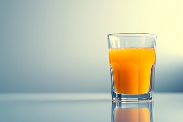 Glass of freshly squeezed orange juice is standing on a table reflecting in the surface