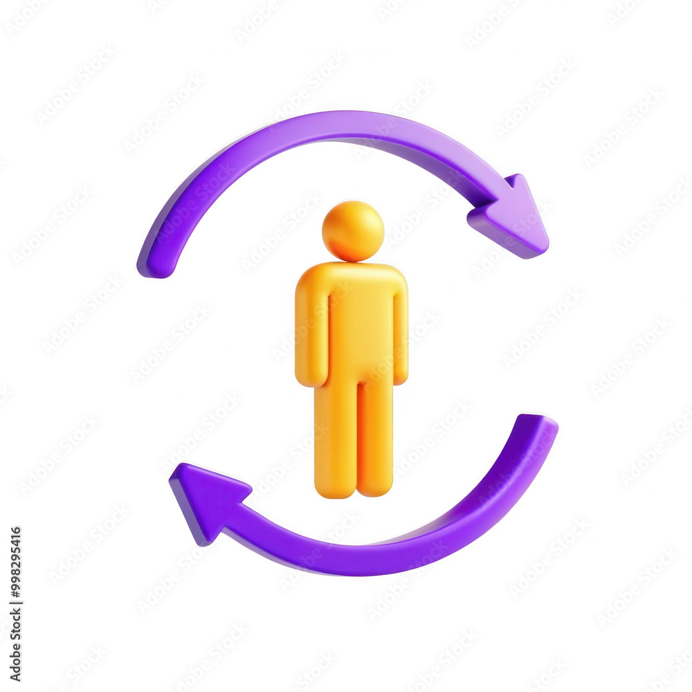 Poster a 3d stylized character icon in yellow surrounded by purple circular arrows representing motion or c