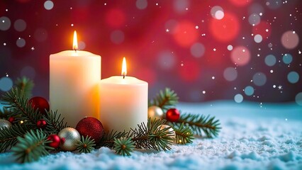 Christmas candles with fir branches on snow and bokeh background.