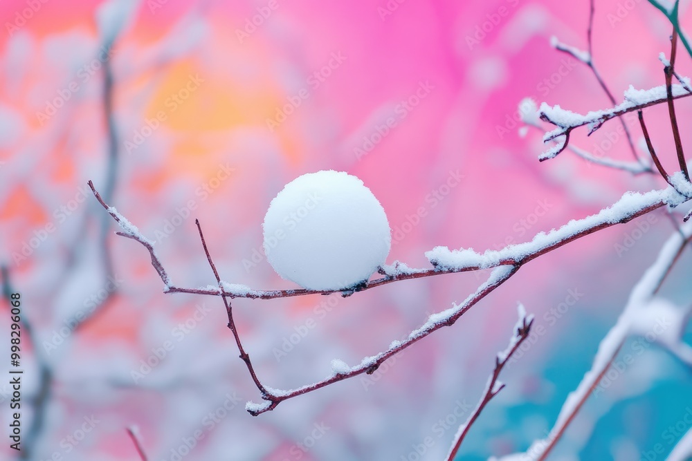 Sticker A Single Snowball Resting on a Snowy Branch Against a Colorful Blurred Background