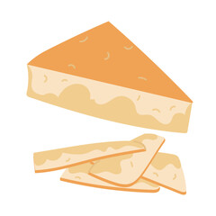 A triangular piece of parmesan cheese with thin slices. A slice of triangular cheese is one whole. Hard, delicious cheese. An isolated item of dairy product. Vector illustration highlighted on a white
