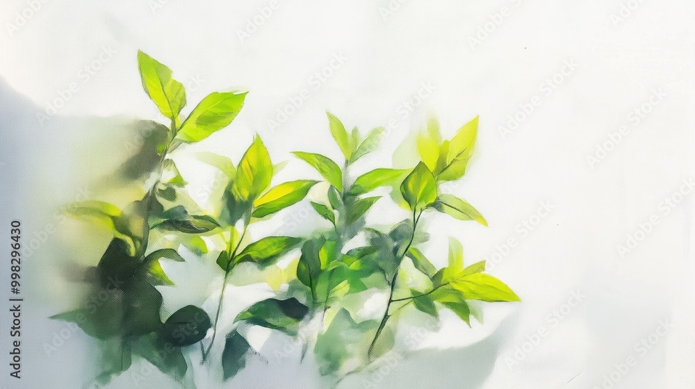 Poster Watercolor Painting of Green Leaves on White Background