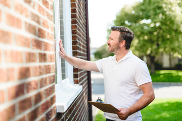 Man inspecting house window outside on day light